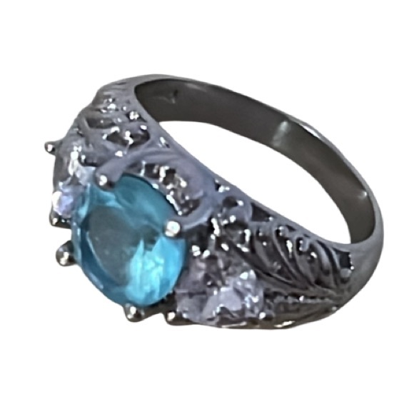 Elegant Art Deco Sterling Silver Aquamarine & White Sapphire Gemstone Ring - Picture 2 of 13